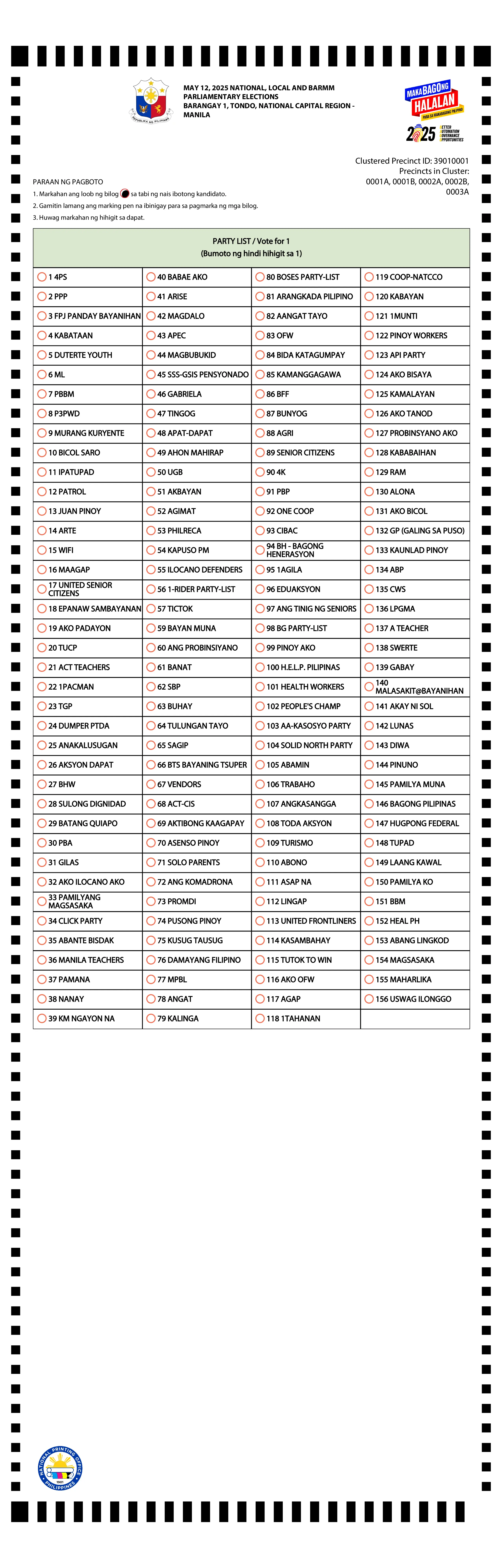 Election Ballot Face Back